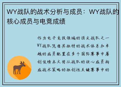 WY战队的战术分析与成员：WY战队的核心成员与电竞成绩